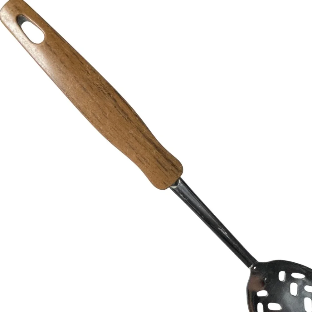 Vintage EKCO USA Slotted Spoon‎ Stainless Steel 2-Tone Wood Black Handle MCM